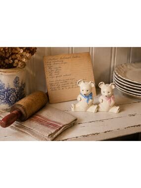 Vintage Bear Salt & Pepper Shakers Pink & Blue Bow Ceramic Pair